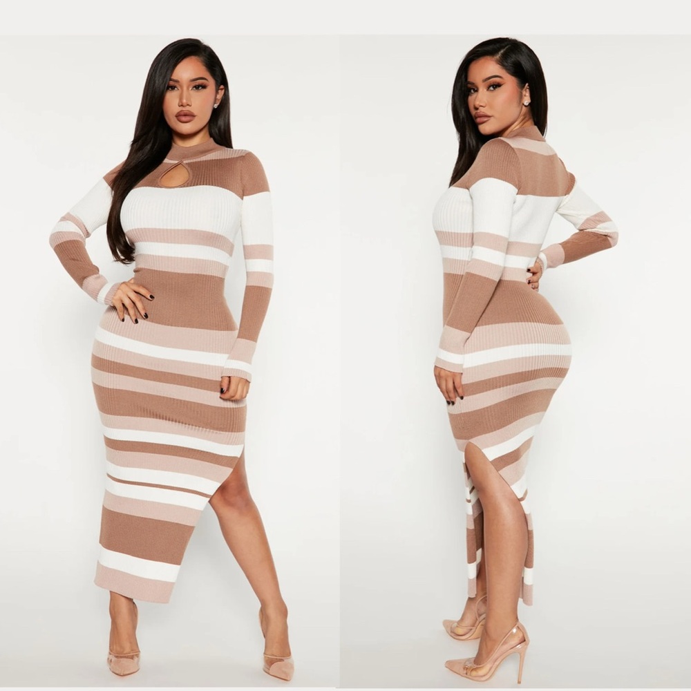 NWOT - You're My Fave Striped Sweater Midi Dress - Taupe/combo - Medium